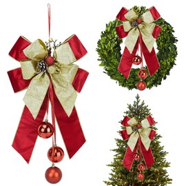 AIMUDI Red and Gold Christmas Tree Topper Bows, 11 x 16 Inches Red Christmas Bows Red and Gold Bows for Christmas Tree Decorations Velvet Ribbon Bows with Baubles for Wreath, Cabinet, Staircase, 1 PC