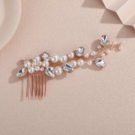 Teyglen Rose Gold Crystal Pearl Wedding Hair Comb Bridal Side Headpiece for Bride Rhinestone Wedding Hair Piece Hair Accessories for Women Crystal Hair Side Comb (Rose gold)