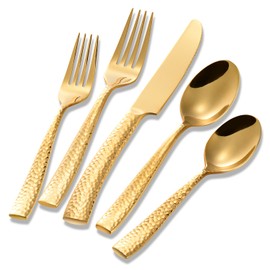 Flatasy Silverware Set Gold Hammered Pattern Flatware Cutlery Stainless Steel Mirror Polished Utensil 20-Piece Spoons Forks and Knives Dishwasher Safe Service for 4