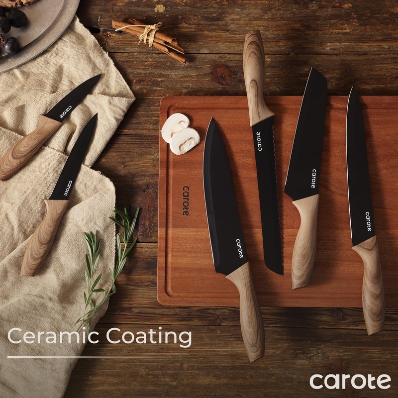 CAROTE 12PCS Knife Set, Kitchen Knife Set with Safe Guards,