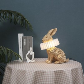 LAZHUG Scarf Rabbit Table Lamp,Resin Crafted Gold Bunny Lamp Featuring White Pleated PC Lampshade,USB Plug,Energy-Efficient Nightstand Lamp (Gold Sitting)