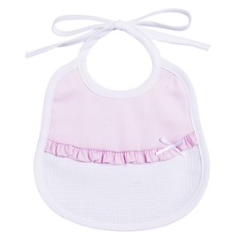 Filet - Cotton Pique Bib with Ruffles, Baby Bib with Aida Insert for Embroidery, Lace Closure, Made in Italy, Pink