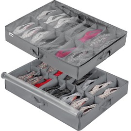 INAYA Under Bed Shoe Storage Organizer 2 Pack, Fits 32 Pairs, Large Underbed Shoe Box Storage Containers, Clear Foldable Shoes Organizer Under the Bed Sturdy Structure with Hard Bottom Support