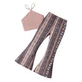 Floerns Girl's 2 Piece Outfit Halter Crop Top and Paisley Bell Bottom Pants Set Pink Multi 8Y