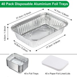 40 Pack Disposable Aluminium Foil Trays (21.2cm x 14.7cm x 4.8cm) 860ml Foil Food Containers with Paper Lids for Baking, Cooking, Oven use, Food Storage, BBQ, Roasting and Freezer Safe