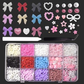 ZACHMEST 1000Pcs 3D Pink Bow Nail Art Charms, 3D Assorted Bowknot Nail Charms Pearls Gems Cute Star Heart Butterfly Bow Planet Bear Nail Decoration with Pickup Tools Manicure DIY Crafts Decorations