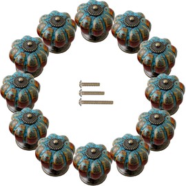 ESreake Yusheng 12 Pack Vintage Ceramic Pumpkin Cabinet Knobs, Kitchen Cabinet Drawers Dresser Cupboard Pull Handles Door Pulls with 3 Kinds of Screws (12 Pack, Leopard-Blue)