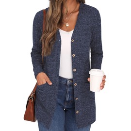 GRECERELLE Women's Long Sleeve Open Front Cardigan Button Down Ribbed Lightweight Knit Outerwear with Pocket