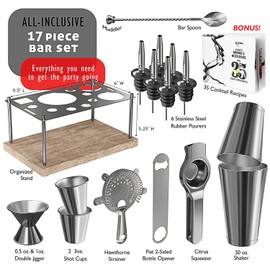 Bar Set Cocktail Shaker Set Bartender Kit, 17 Piece Silver Cocktail Set, Mixology Bartender Kit with Wood Stand, Steel Cocktail Kit, Bar Accessories: 30oz Martini Shaker, Muddler, Cocktail Book & More