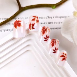 Fall Press on Nails Short Square Glossy Fake Nails with Glitter Maple Leaves Designs Pink White Gradient Acrylic False Nails Autumn Stick on Nail Artificial Gel Glue on Nail for Women 24Pcs