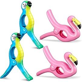 Beach Towel Clips, 4 Pcs Large Laundry Clip Clothes Pegs for Washing Line, Flamingo Beach Towel Clip for Sunbeds, Sun Loungers, Pool Chairs, Laundry (Flamingo + Parrot 4 Pcs)