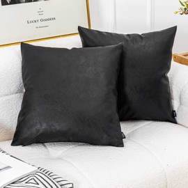 Vfuty Set of 2 Black Boho Faux Leather Decorative Throw Pillow Covers 22x22 Inch for Living Room Couch Bed Sofa, Modern Solid Square Cushion Case, Rustic Farmhouse Home Decor