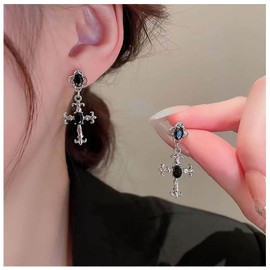 Iaceble Gothic Cross Earrings Dangle Onyx Cross Stud Earrings Black CZ Cross Dangle Earring Silver Cross Drop Earrings Jewelry for Women and Girls