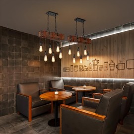 6-Light Farmhouse Chandelier Dining Room Light Fixture Over Table Hanging Wood Kitchen Island Light Fixtures, Black Chandelier Ceiling Pendant Light for Kitchen Island Living Room