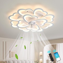 35" Ceiling Fans with Lights and Remote, Modern Dimmable Low Profile Ceiling Fan, Flush Mount Bladeless Ceiling Fan, 6 Wind Speeds Smart Rose Flower Ceiling Fan for Bedroom Kids Room