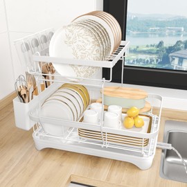 HOMEAILIE Dish Drying Rack, Two-Tier Dish Drying Rack with Utensil Holder and Cutlery Tray – Auto-Draining Large Capacity Dish Drainer with Drainboard for Kitchen Counter, White