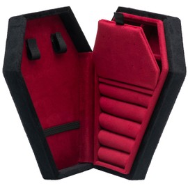 Giftop Velvet Coffin Jewelry Travel Case Holder for Gothic Wedding Ceremony,Gothic Jewelry Organizer Decoration (Black Red 4 Grid)