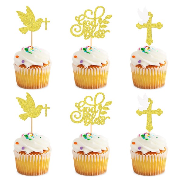 Keaziu Paquete de 24 adornos para cupcakes, diseño de cruz de Dios bendecidos, para bautizo, cupcakes, cruz, cupcakes, baby shower, bautizo, decoración de fiesta, suministros dorados