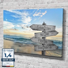 Individual Canvas Signpost Beach II with Own Name Gift for Lovers Valentine's Day Decoration Gift Idea Home Decoration Canvas Picture Lovers with Individual Name up to 6 People
