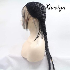 Xiweiya Long Black Double Braids Wigs Synthetic Braided Lace Front Wigs with Baby Hair Wig Heat Resistant Fiber Middle Part Wig for Women Girls 24 inch