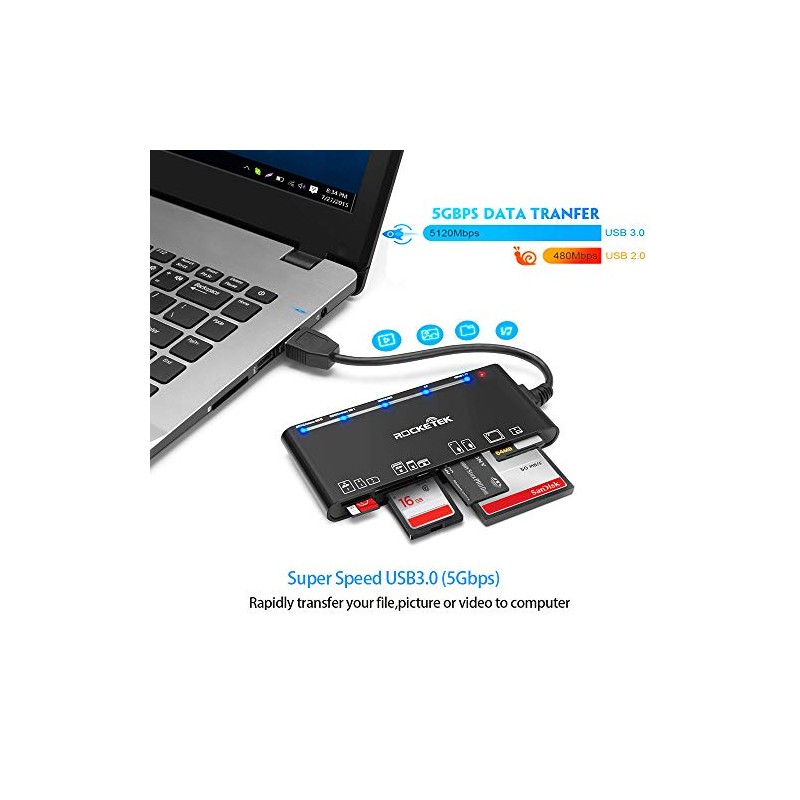 Lector multitarjeta USB3.0, SD/TF/CF/Micro SD/XD/MS 7 en 1, lector de