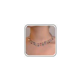 Jugielu Boho Colorful Crystal Necklace Choker Rainbow Rhinestone Dangly Necklace Silver Tiny Butterfly Dangle Chain Cubic Zirconia Collar Jewelry for Women