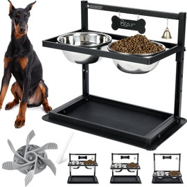 SHAINFUN Elevated Dog Bowls with Slow Feeder,Raised Dog Bowl Stand for Large Dogs Adjustable Height with Two 1700ML Stainless Steel Dog Food Bowls Spill Proof Mat, Dog Feeder for Large & Medium Dogs.