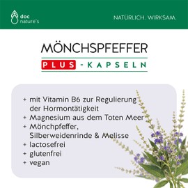 doc nature's MÖNCHSPFEFFER PLUS KAPSELN | Vitamin B6 | Regulierung der Hormontätigkeit | Magnesium aus dem Toten Meer | Mönchspfeffer Silberweidenrinde Melisse | VEGAN