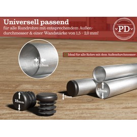 PD® Lamellar Plugs Round 18 mm for Round Tube – Round End Caps Made of PE Plastic – Pipe Plugs 18 mm for Pipe Cover of Steel Pipe, Stainless Steel Tube, Aluminium Tube and Aluminium Profile – Round