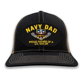 PATCHTOWN Navy Dad - Proud Father of a US Sailor Hat/Ballcap Adjustable One Size Fits Most (Mesh-Back Black & Tan, Standard (No Flag))