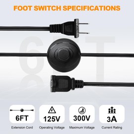 Foot Pedal Switch, 6FT Extension Cord with Polarized Plug, Heavy Duty Foot Controls for Lamps, Tools and Appliances