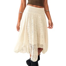 EHSUYAB Women's Lace Midi Skirt, Lining Layer Flowy Goth Renaissance Skirts, Country Concert Outfits Steampunk Music Festival Beige Small