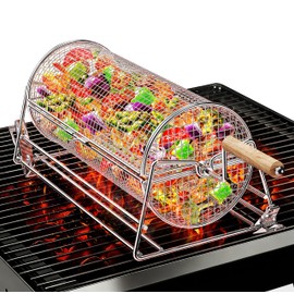 2-in-1 Rolling Grill Basket 304 Stainless Steel Rotatable with Dual Handles