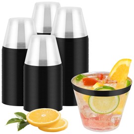 100pcs Black and Clear Plastic Cups, 9oz Plastic Cups Black Rimmed Disposable Cocktail Glasses Fancy Disposable Cup Drinking Tumblers Shot Cup for Wedding Party