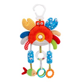 JINBOBUBU Crab Wind Chime Baby Car Seat Toy - Plush Stroller & Crib Hanging Mobile with Teether, Squeaker, Portable Clip, Colorful Clear Rings for Sensory & Cognitive Development