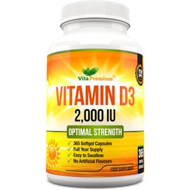 Vitamin D 2,000 IU, Optimal Strength Vitamin D3 Supplement, 365 Easy to Swallow Softgels - Full Year Supply, from UK