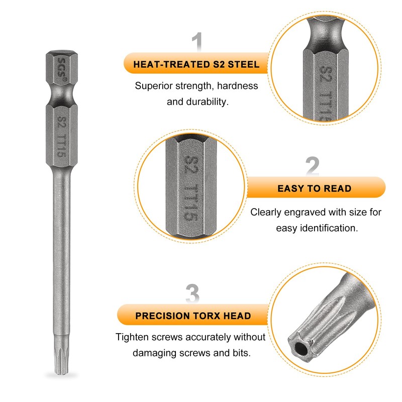 sourcing map 3pcs TT15 Security Torx Head Screwdriver Bit 3.15"