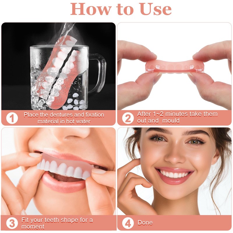 SPOKKI 4 Pairs False Teeth, White Dentures Comfortable Fake Teeth
