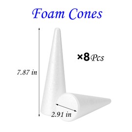 YURN Craft 8 Pack Foam Cones for Crafts, Foam Trees Cones, 2.91×7.87 in Cones Shaped Foam for Christmas Decorations, Gnomes, and DIY Art Projects.