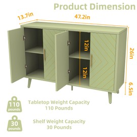 IBXFO Buffet Cabinet with Storage, 47" Modern Sideboard, Wood Storage Cabinet for Kitchen with Doors and Gold Handle, Green