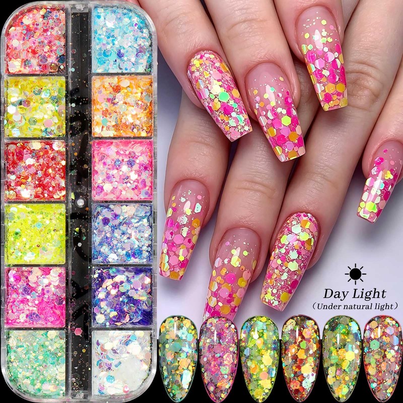 Fluorescent Nail Glitter Sequins Set for Gel Nails, Halloween Flakes