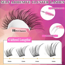 Yaiseiko Self Adhesive Eyelashes Clusters Kit Lash Clusters DIY Eyelashes Pre Glued Lashes Extensions No Glue Needed lash Clusters D Curl Individual Lashes(A02,10-16mm,110Pcs)