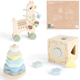 Freniland Montessori Toys for 1 Year Old，3-in-1 Wooden Baby Toys，Wooden Stacking Toy，Toddler Shape Sorting Cube, Llama Ring Toy