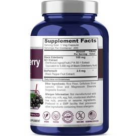 NusaPure Black Elderberry 50:1 Extract, 100 mg Equivalent to 5,000mg per Veggie Capsules, 200 Count (Non-GMO, Bioperine) Sambucus Supplement