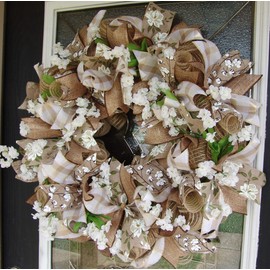 Southern Charm! Magnolia & Cotton, Deco Mesh Front Door Wreath, Farmhouse Farm Style Decor, Porch Patio Decoration, Indoor Outdoor, Wedding Decor