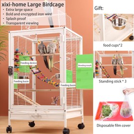 xixi-home Portable Clear Parrot Cage,Bird Travel Cage Ornamental Cage -with Food Box,Standing Pole and Drinker,Large Bird cage Flying Birdcage for Outdoors (Type B - Black)