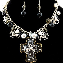 Western Peak Western Horse Rider Cross Pearl Bubble Necklace Set with Earrings