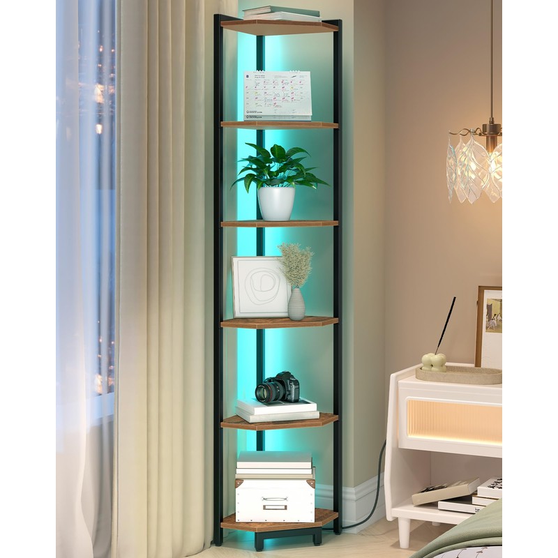 Hzuaneri Corner Shelf with LED Light, 6-Tier Corner Bookshelf, Tall
