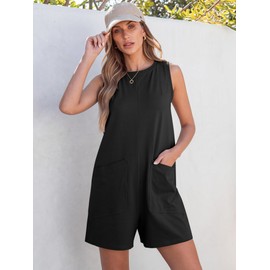 ANRABESS Womens Romper Casual Loose Sleeveless 2025 Summer One Piece Outfit Crewneck Short Jumpsuit Overall Outfits & Pockets Black X-Large