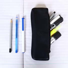 SHADOW DANCE UK Leather Pencil Case Clutch Art School Cosmetic Case Stationery Bag for Pens, Markers, Change, Coins Genuine Black (Scribe Case, Black)